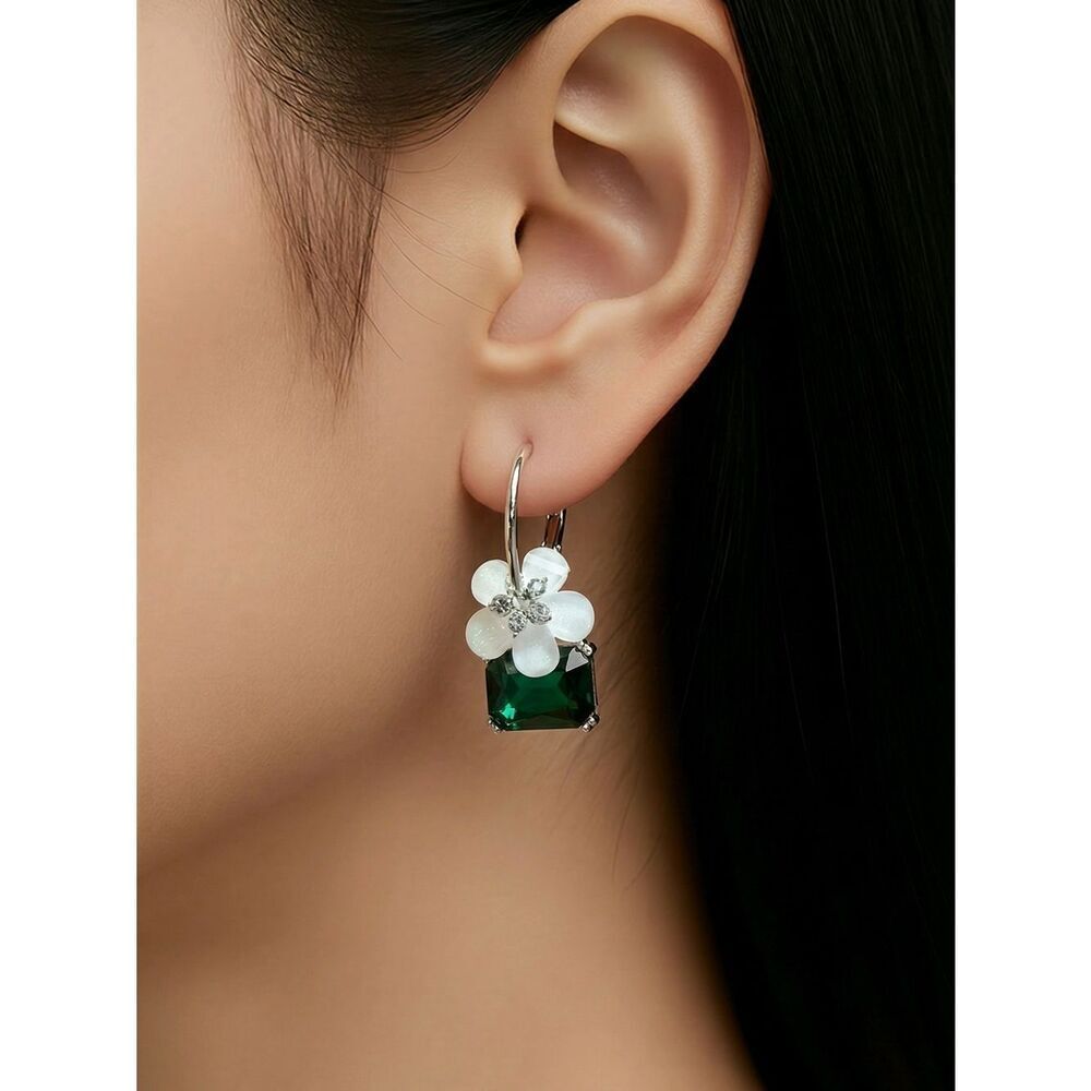 Emerald Floral Huggie Hoop Earrings Silver Leverback Elegant CZ Glam Luxe 20mm